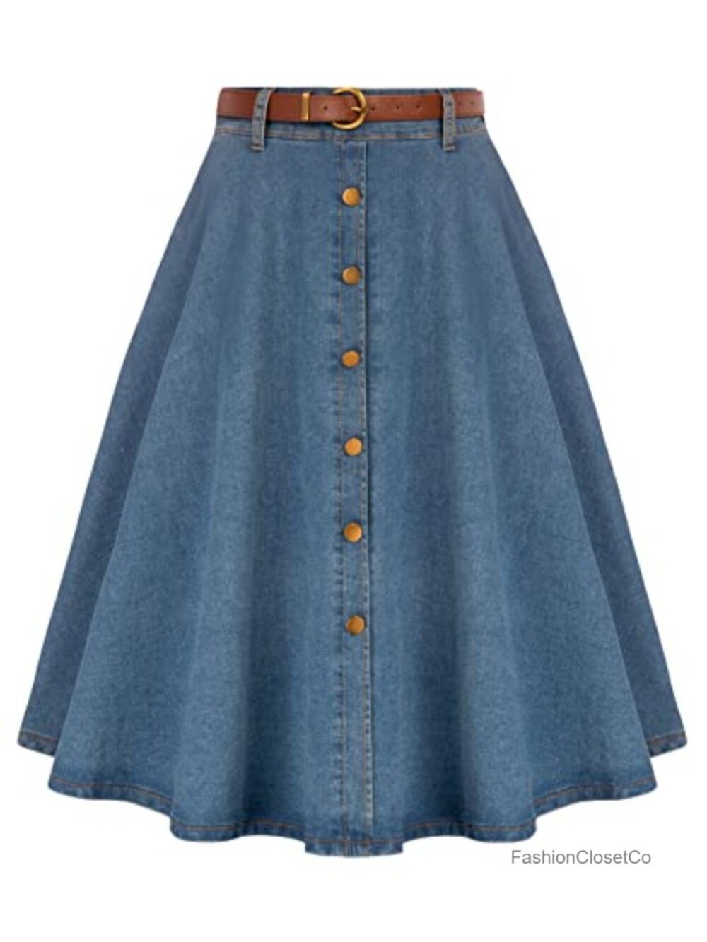 Belle Poque Denim A-Line Midi Skirt with Pockets High Waist